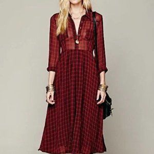 EUC Free People Lou Flowy Red Plaid Button Up Shirt Dress (Sz L)